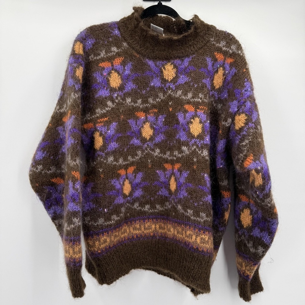 Icelandic Design Sweater Womens M L Mohair Fair Isle Floral Mock Neck Pullover